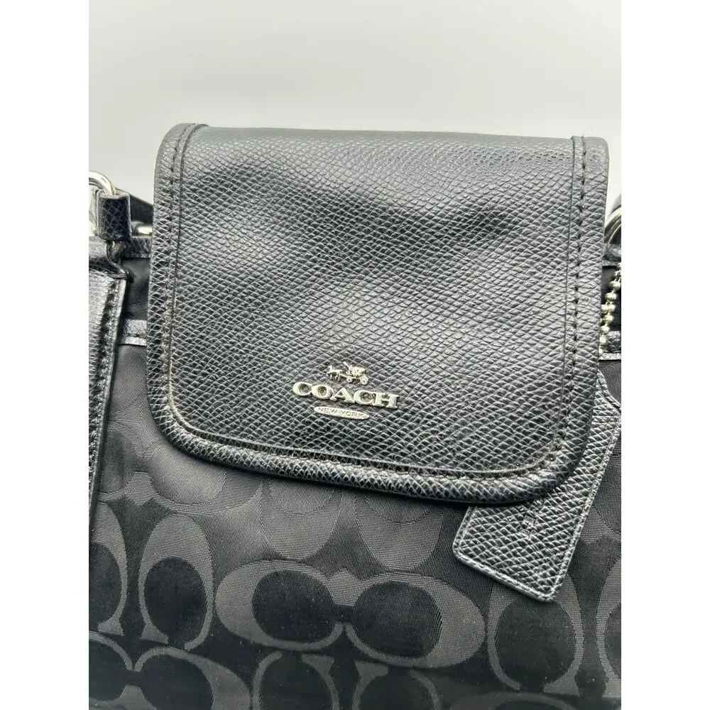 Coach Black Signature C Nylon Tote Leather Trim Shoulder Bag Large Handbag - Picture 2 of 7